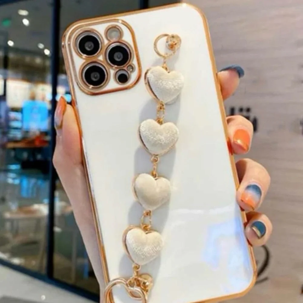White Heart Charm Phone Case Strap with Gold Accents - Women Accessories